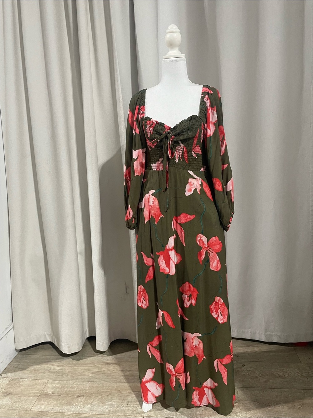 Anthropologie Olive Green Dress with Coral Pink Floral Accents